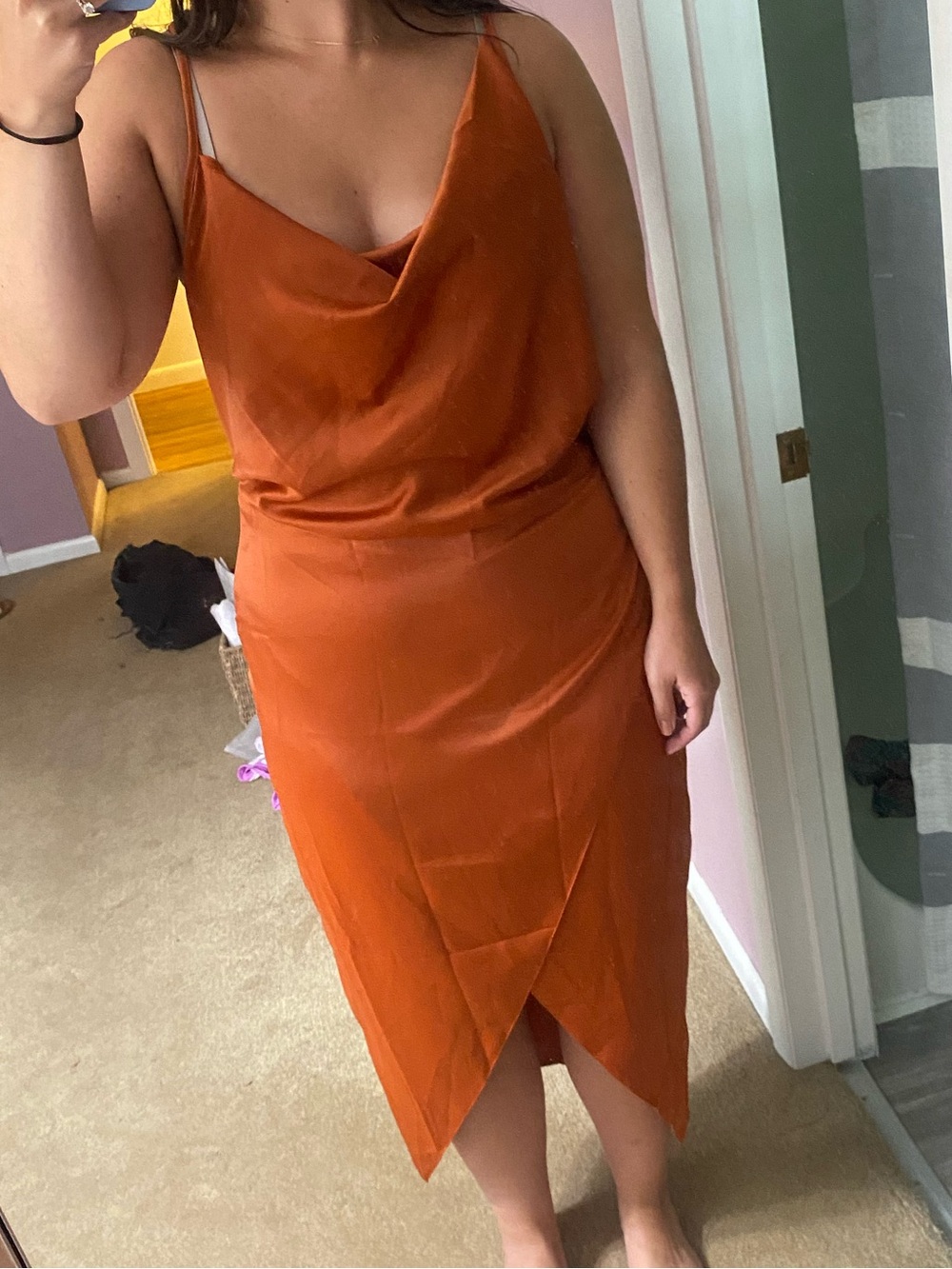 Missguided + Rust Satin Midi Slip Skirt
